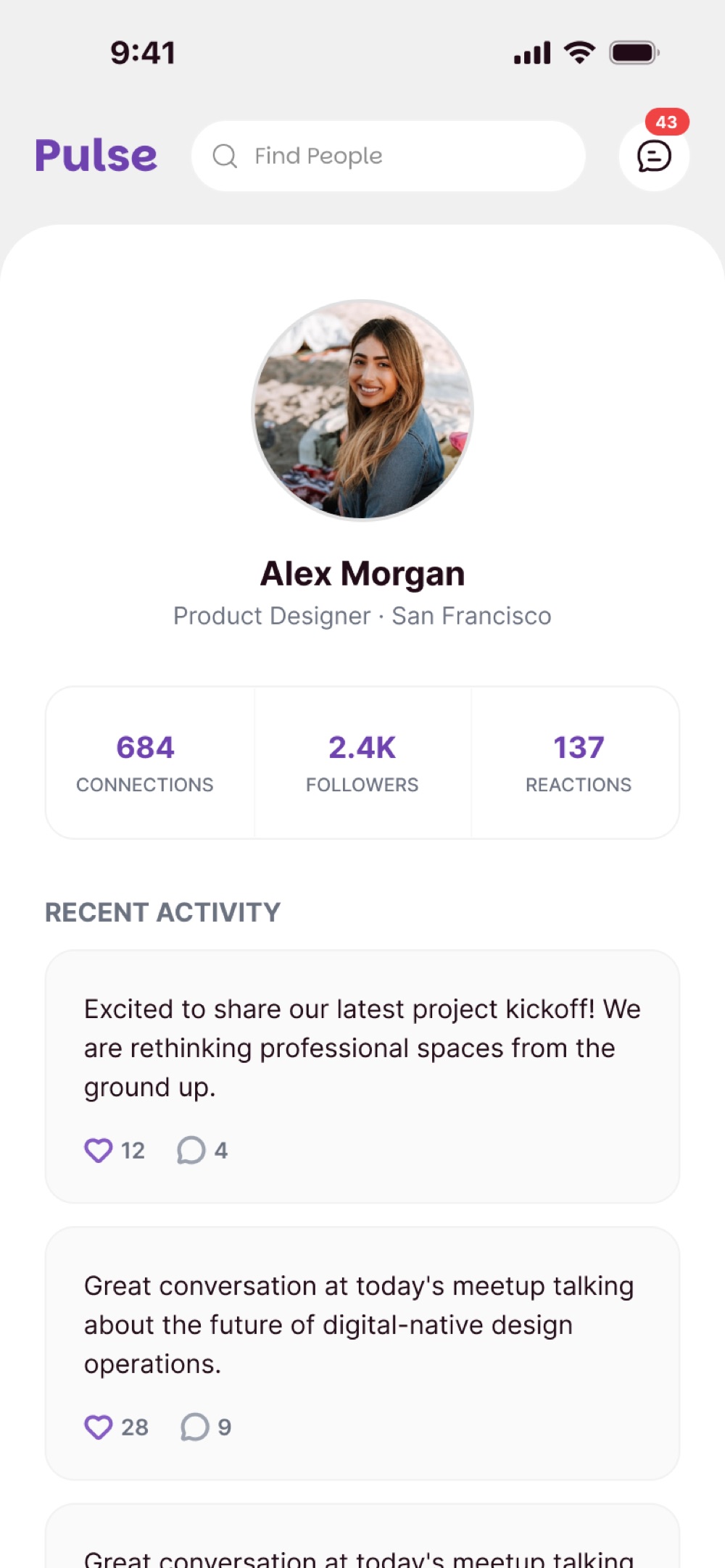 A typical social profile: 684 connections, 2.4K followers, 137 reactions